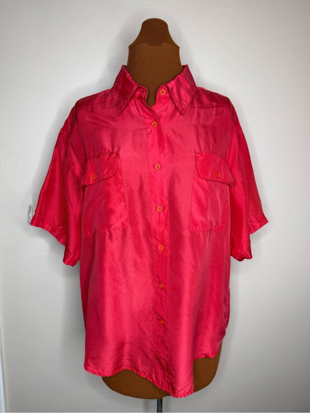 Swell Vintage Silk Short Sleeve Button-Up Shirt Bright Coral Pink Size Medium